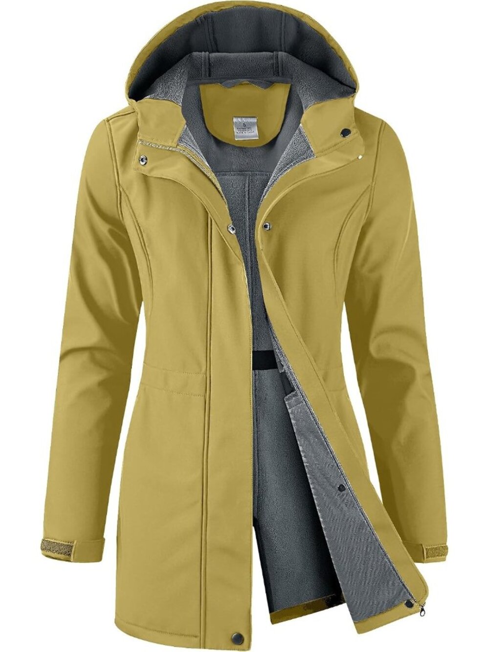 Women's Mustard Hooded Fleece Lined Waterproof Hiking Softshell Long Rain Jacket
